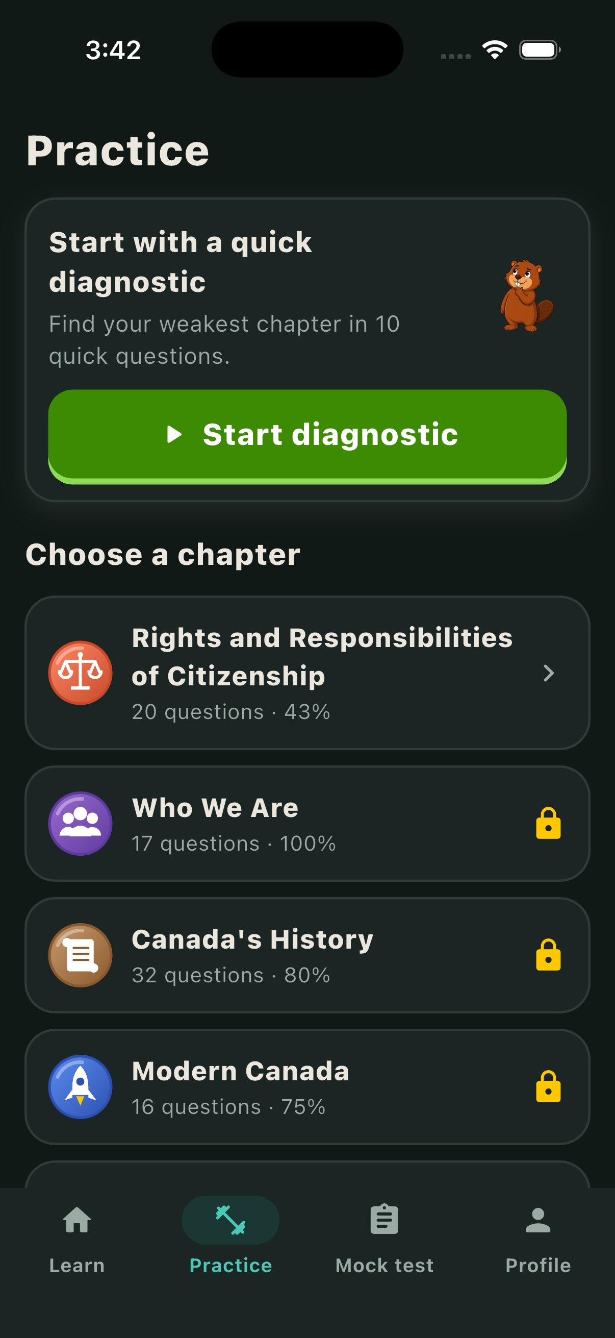 Citizen Prep practice screen with a quick diagnostic and citizenship study chapters