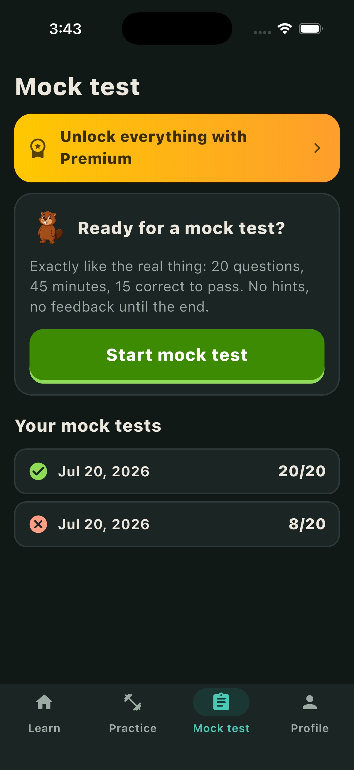 Citizen Prep mock test screen showing the official test format and previous results
