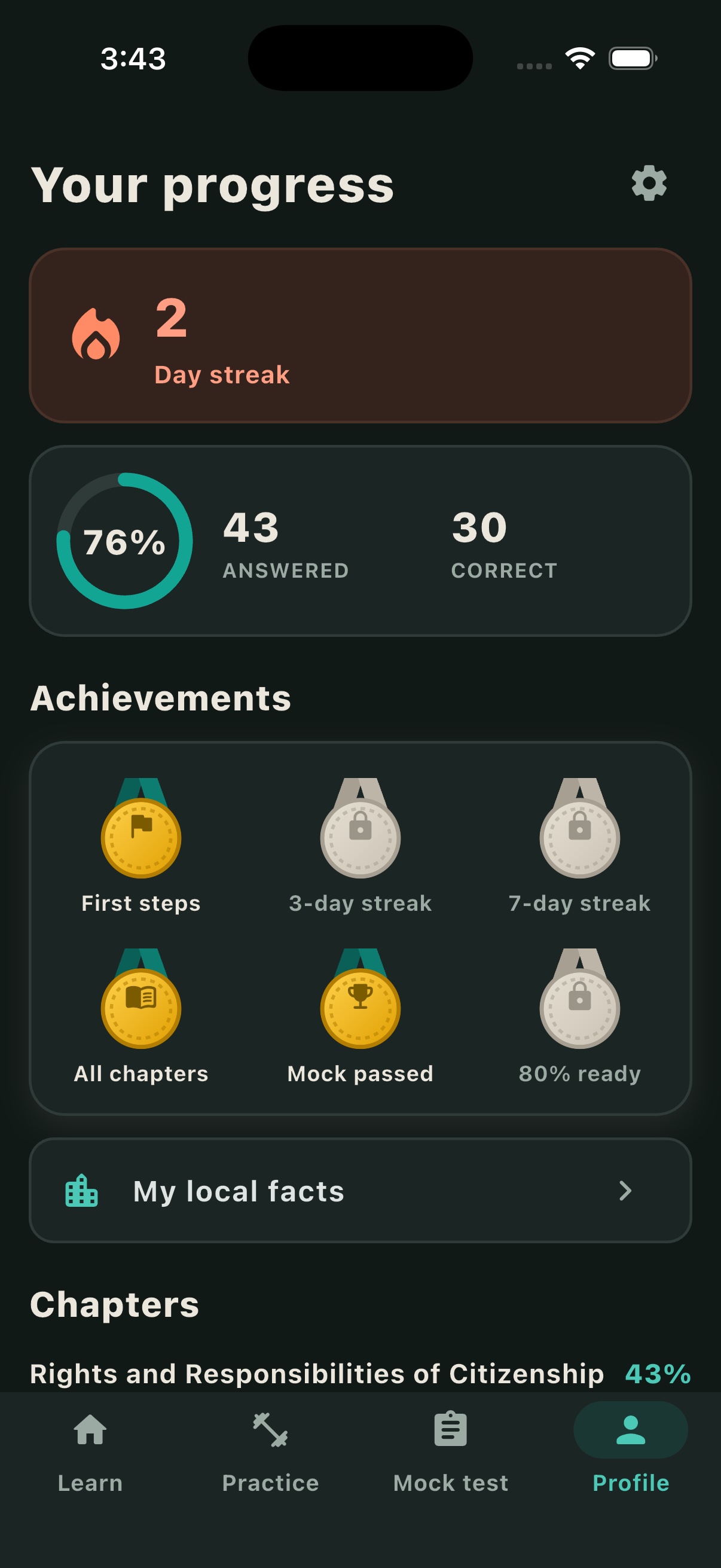 Citizen Prep progress screen with readiness, streak, achievements, and chapter scores