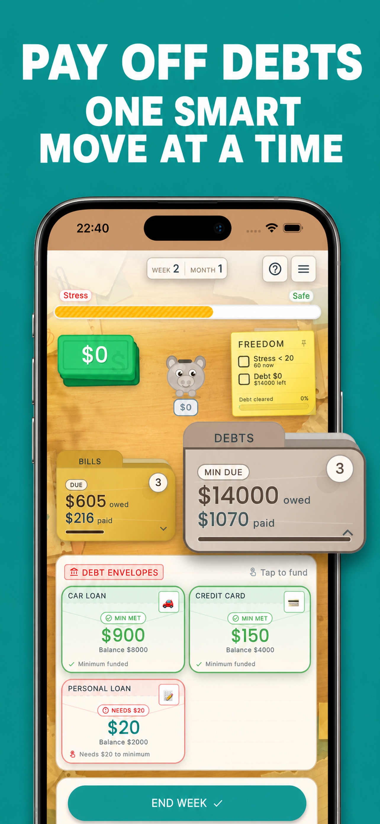 Debt Escape phone screenshot showing the game desk and debt payoff choices