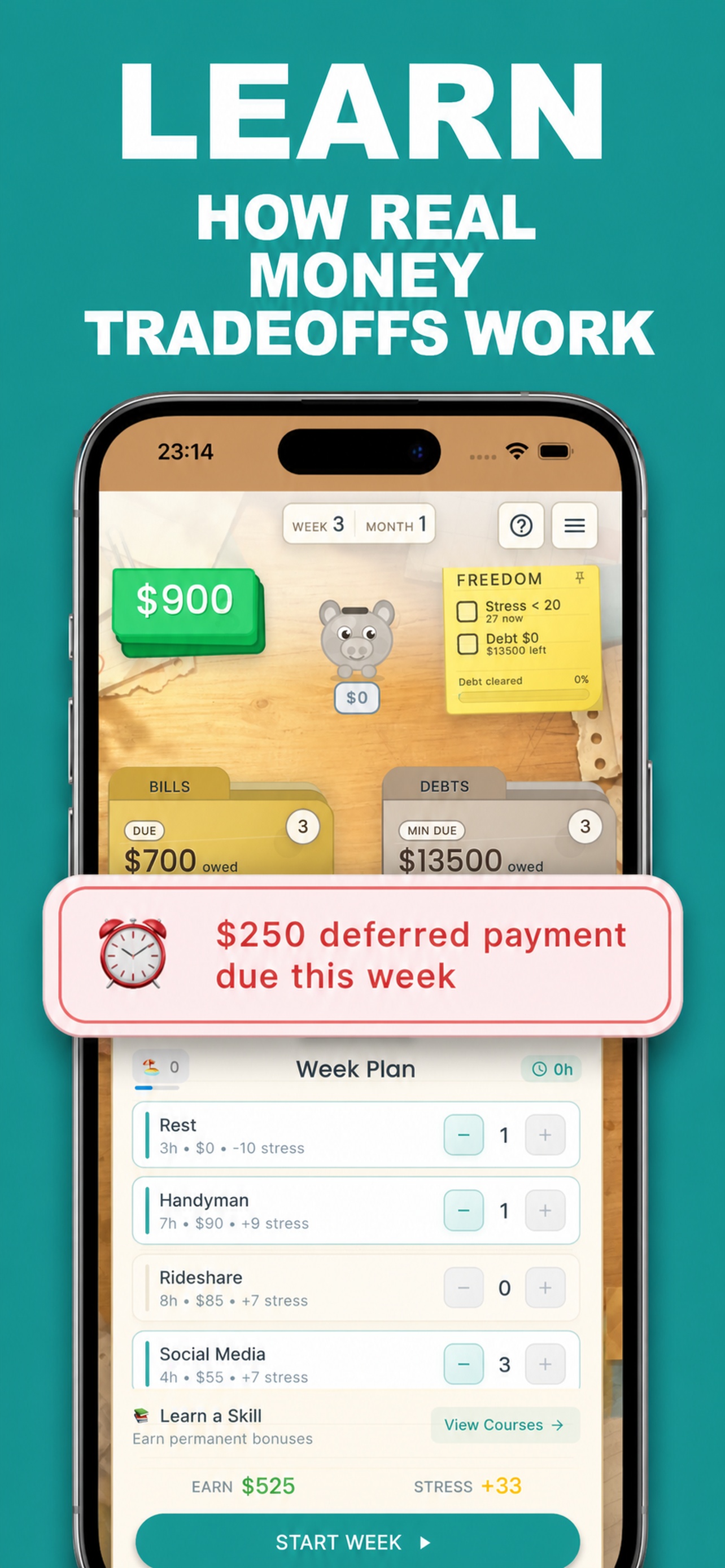 Debt Escape screen teaching money tradeoffs through gameplay