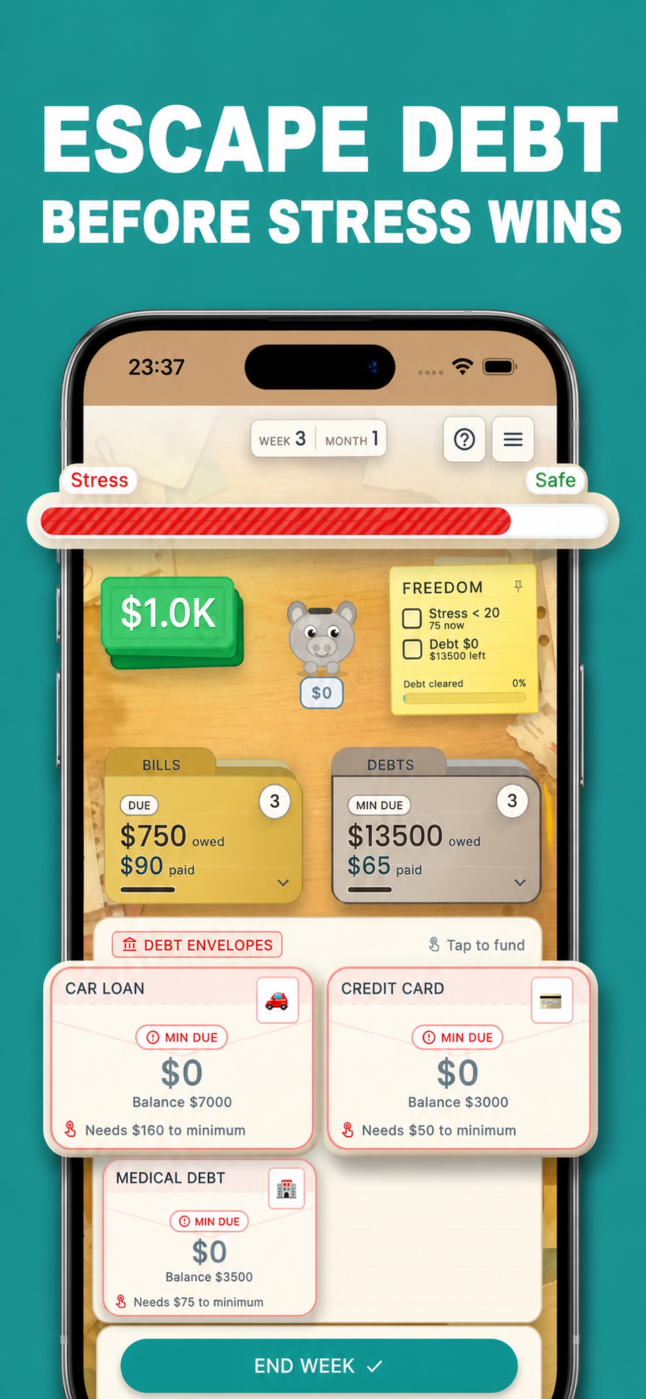Debt Escape stress meter and debt payoff challenge