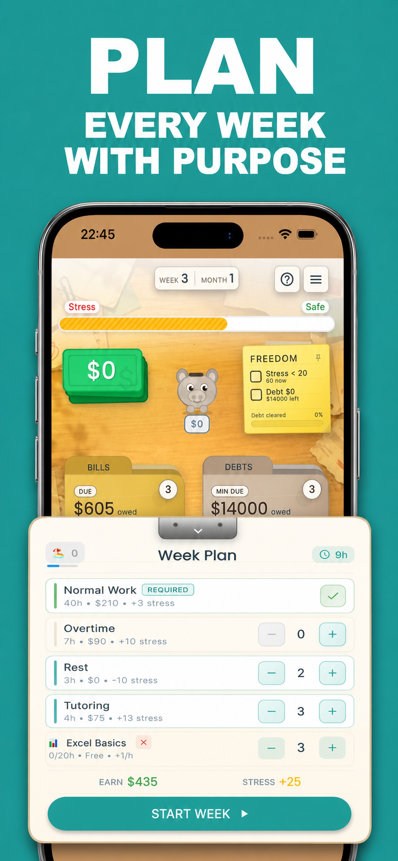 Debt Escape weekly planning screen with work and rest choices