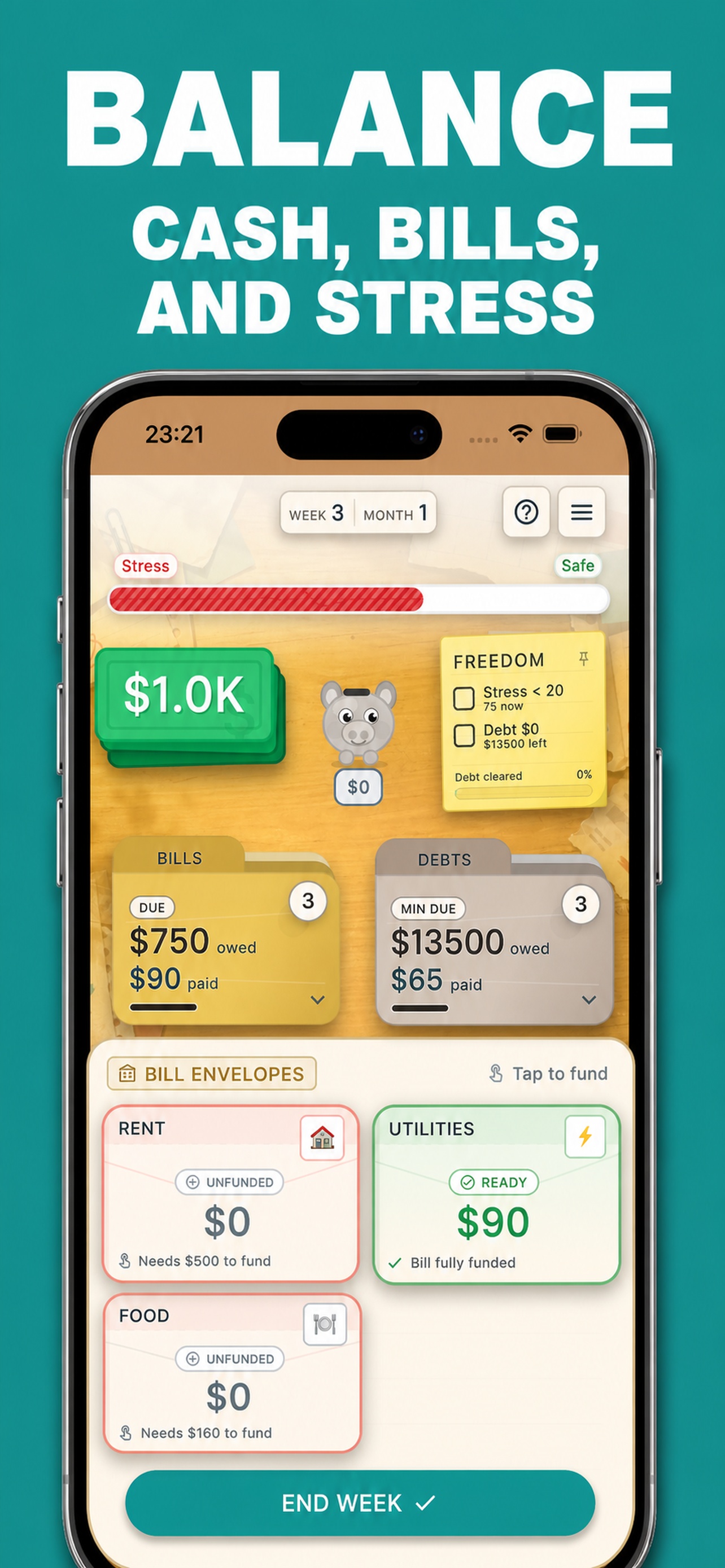 Debt Escape screen balancing cash, bills, debts, and stress