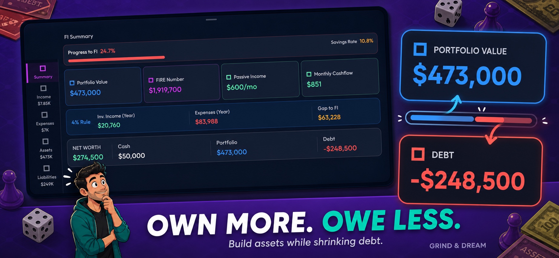 Grind & Dream dashboard comparing portfolio value, debt, and positive net worth