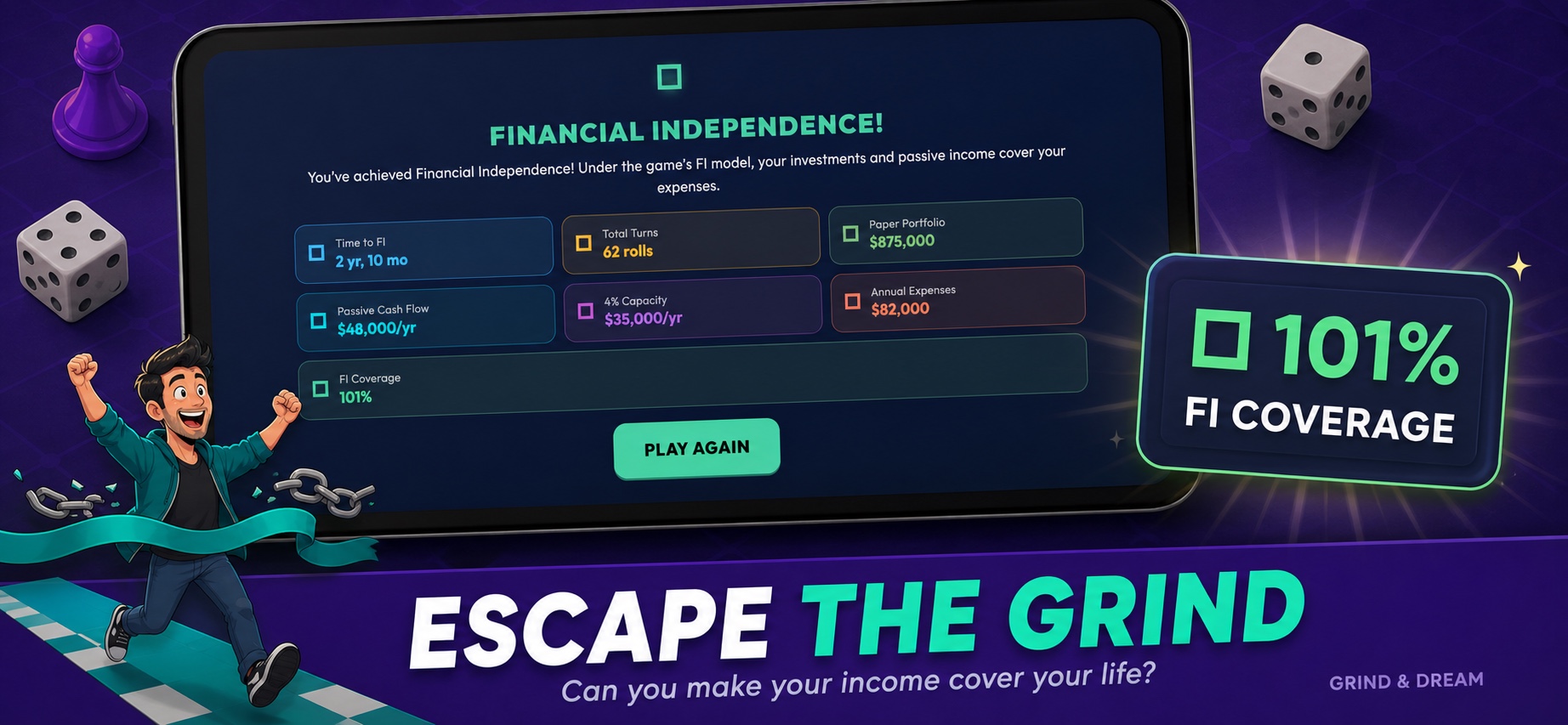 Grind & Dream financial independence victory screen with final coverage results