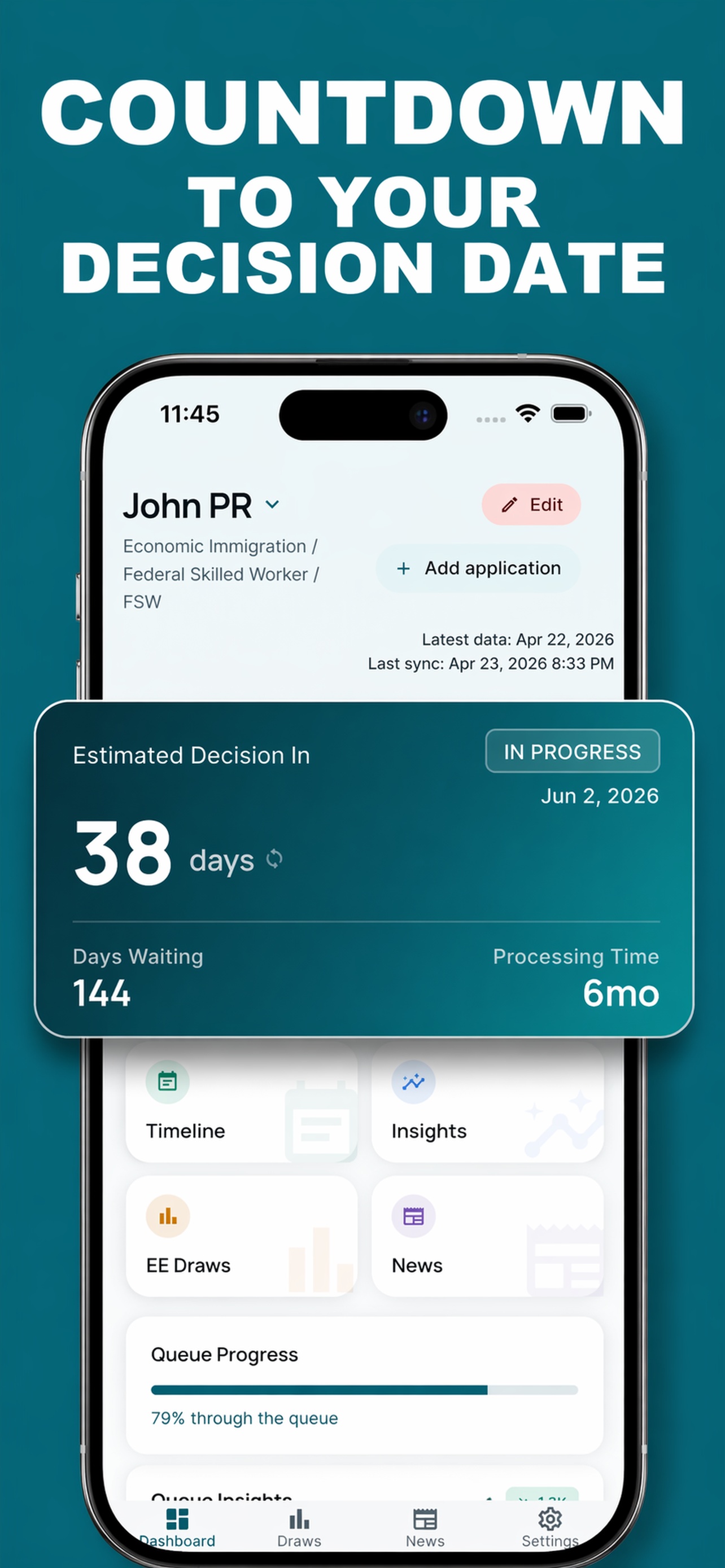 PR Tracker Canada dashboard showing decision date countdown